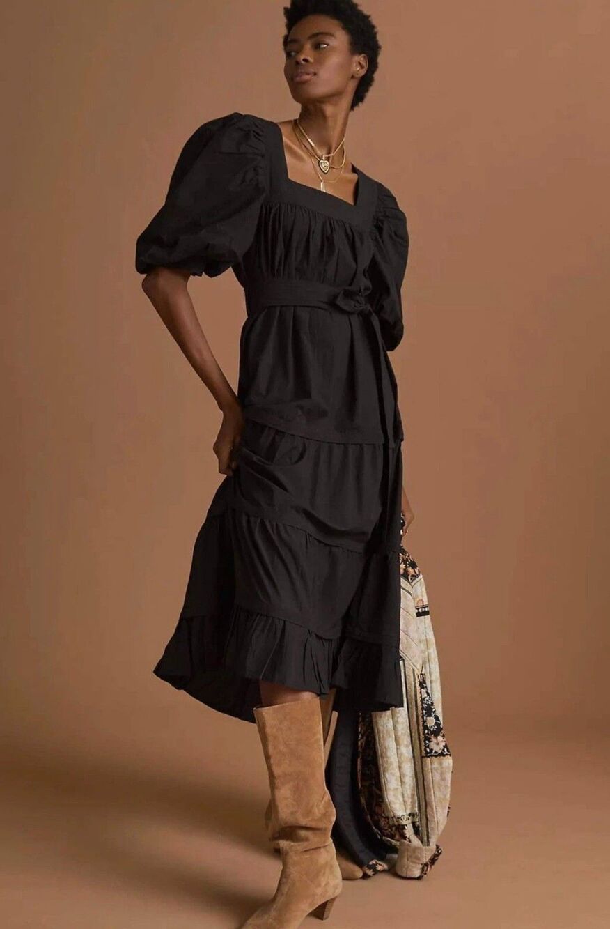 Love The Label Women Sz L Black Poplin  Puff-Sleeve Tiered Dress NWT Romance